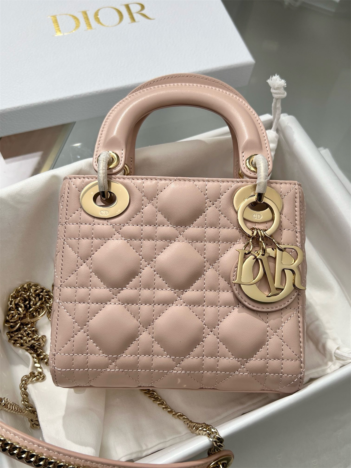 DIOR Mini Lady Dior Hand Bag Pink Color (17 x 15 x7 cm)