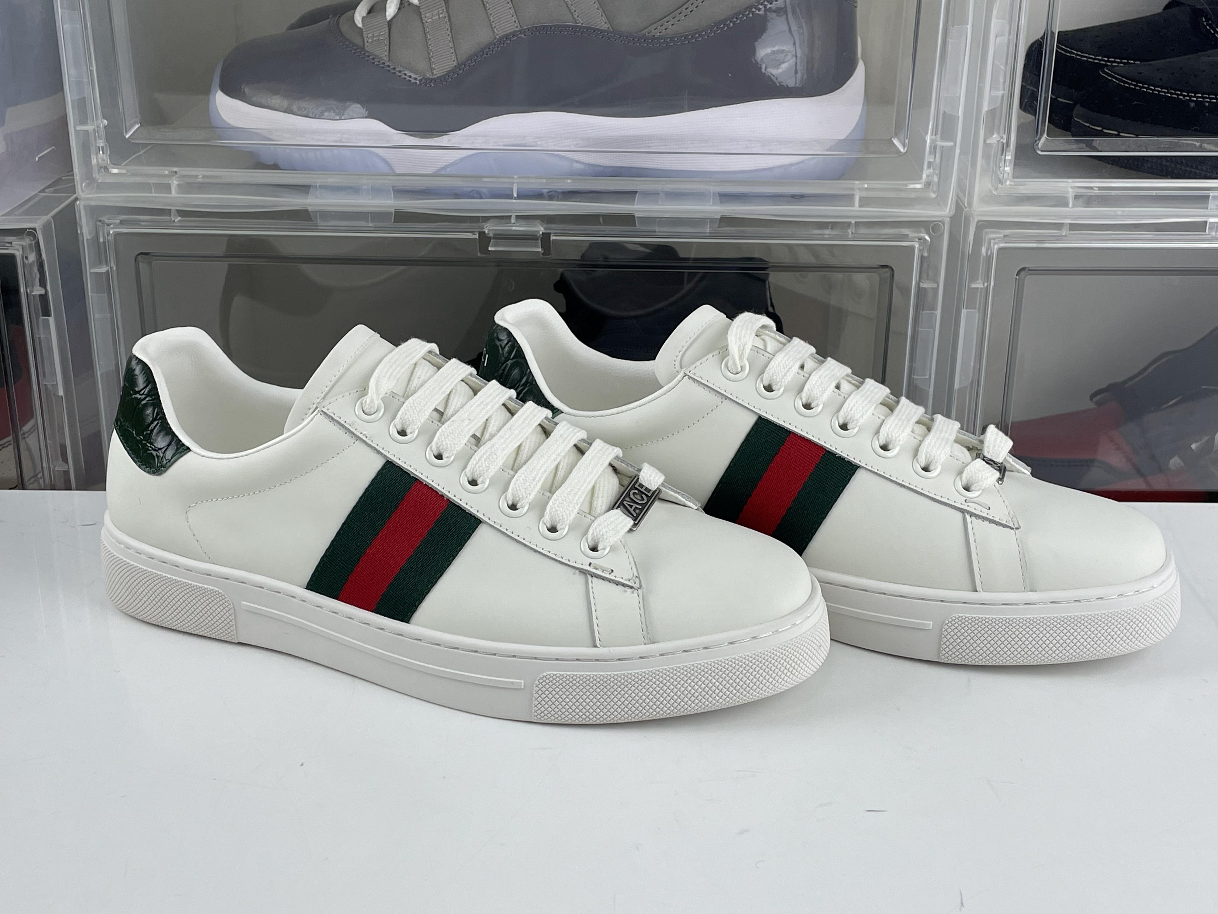 GUCCI White ACE casual shoes Green heel leather