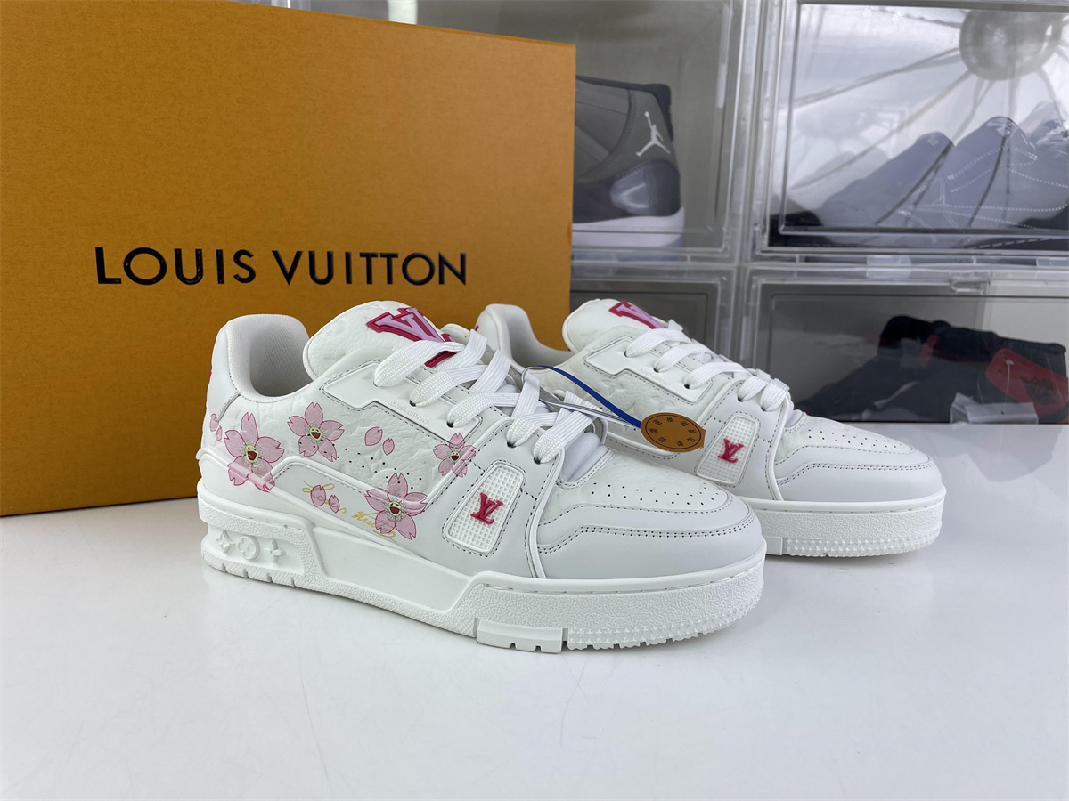 LV #54 White Ladies Sneakers with Peach Bloosom