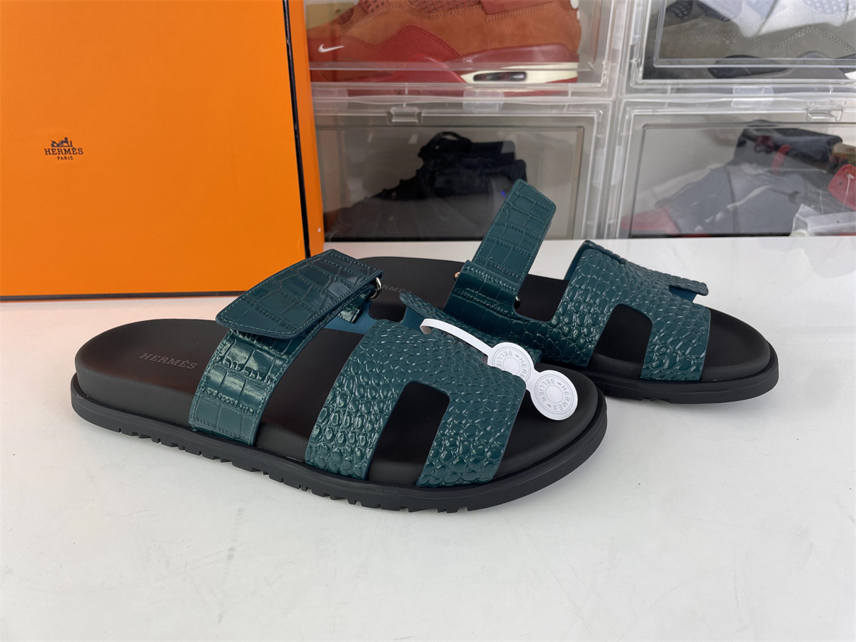 Hermes Dark Green Black Crocodile Sandals