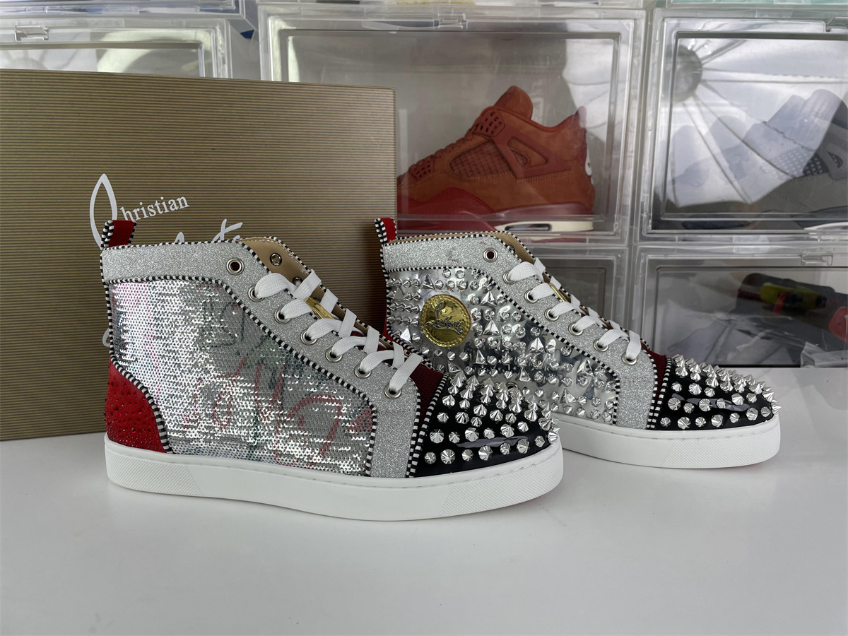 Christian Louboutin CL Silver Red Crystals Rivets shoes
