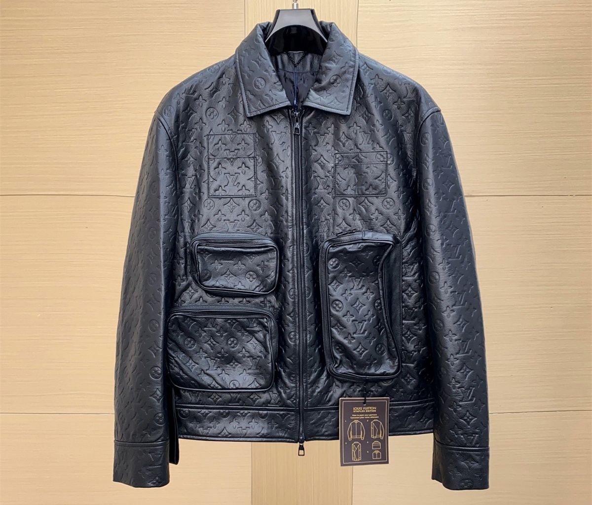 LV Louis Vuitton Cowhide Leather Black Pockets Jacket, ( S - 3XL)