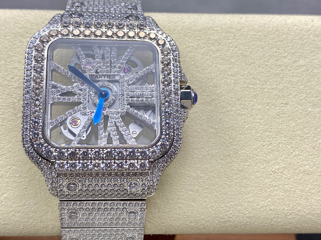 Cartier Santos Silver Transparent Moissanite Diamond Swiss machine watch, (39.8 x 90.8 mm)