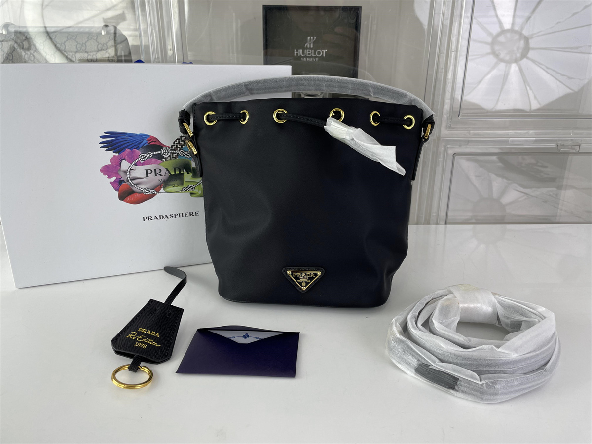 Prada Black Nylon Bucket bag with Gold Metal, (23 x 10 x 6 cm)